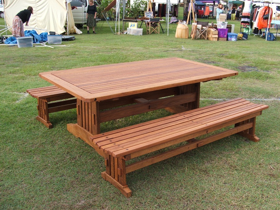 Recycled timber outdoor table setting in spotted gum with backless benches
